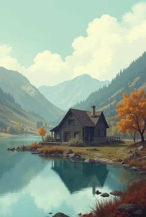 crisp fall day town and only single house can be seen by the lake illustration