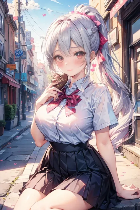 
 masterpiece, 8k,  beautiful girl , 

Valentine's Day scene, anime style, young woman with long hair holding a heart-shaped box of chocolates, blushing, school uniform, soft pastel colors, romantic atmosphere, detailed background with city street, high qu...