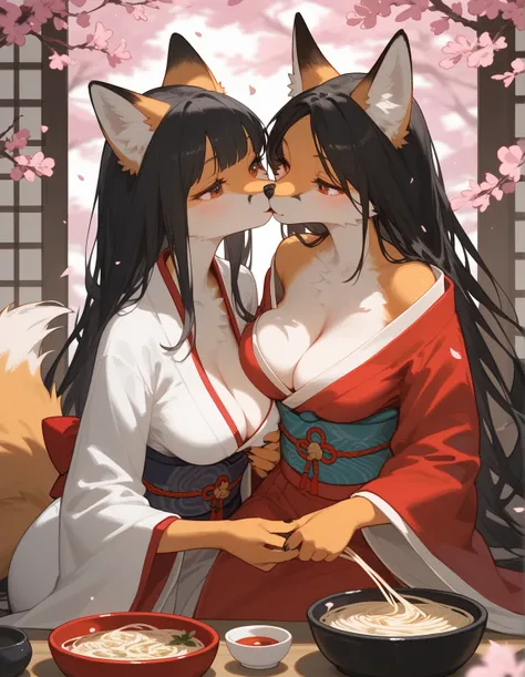 Two Furry female , Sexy, japan, cherry blossom, blushing, sitting on steambuns, sitting in giant bowl of noodles, medium breast, flowy hair, black hair, red brown eyes. Kissing, grabbing breast, asian clothes, hanfu, kimono, cleavage, two girl furry, long ...