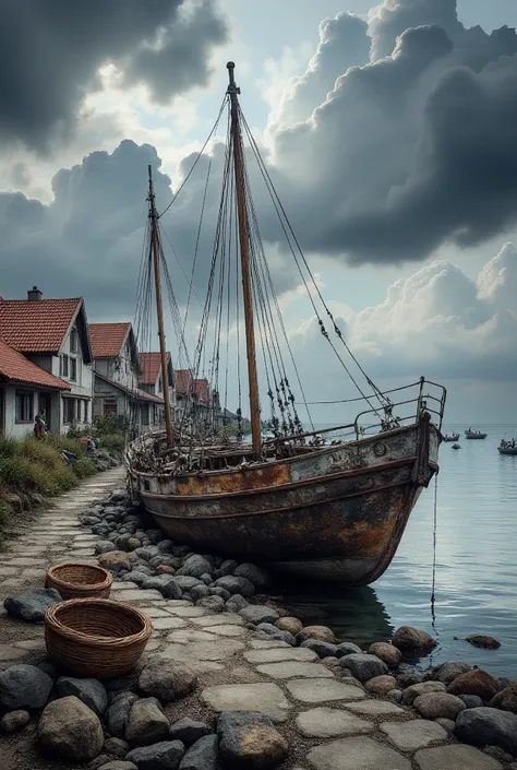 A weathered, abandoned boat is anchored near a cluttered shoreline in a rustic coastal village. The boat, with its partially furled sails and rusty hull, exudes a sense of decay. Surrounding the boat, the shore is strewn with a large wicker basket, stones,...