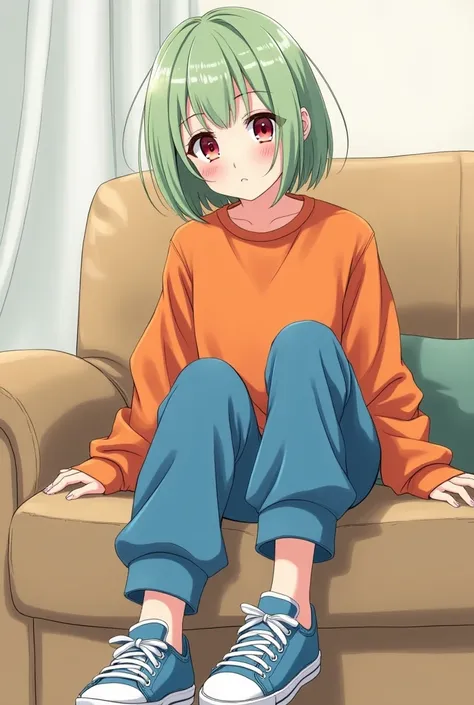 Adult girl with short light green hair and red eyes ( DRESS: orange sweatshirt, blue pants and blue sneakers). At home sitting on the couch. In the style of anime Shojo-Josei . Let the drawing be like a sketch .