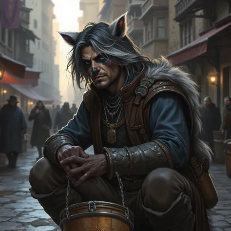 depict a man with dark grey hair and black nose, he has with racoon ears ontop of his head and a raccoon tail. they are a human with raccoon aspects. human being. busking away in a street playing buckets for drums, medieval fantasy setting more human then ...