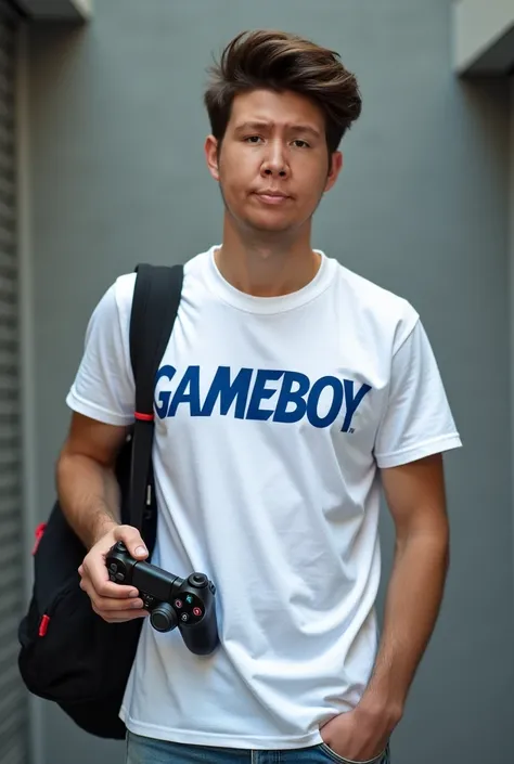 A man, wearing a plain white t-shirt with the blue writing "gameboy" in the middle of his shirt, is carrying a playstation stick.