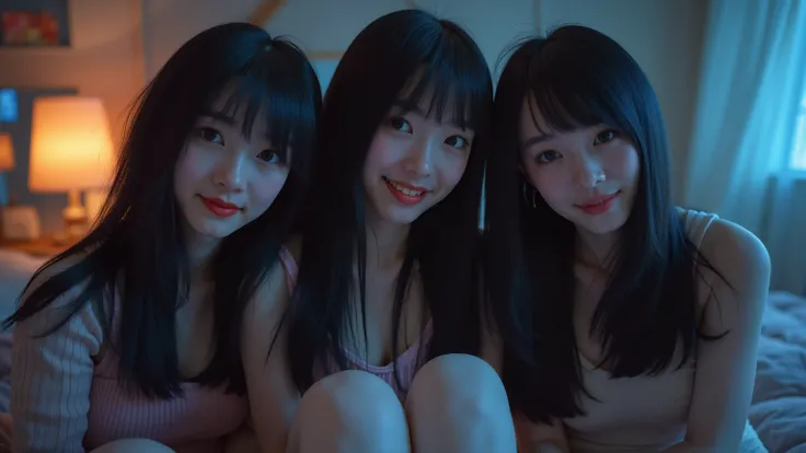yung, 3 garotas, 3 irmas, selfie, s, korean, idol, magro , olhos puxados, olhos grandes, franja separada do lado direito , youthful appearance , light black hair , detalhes eyes, pupil , iris, smiling, grin, Rounded face, youthful appearance , sentada na b...