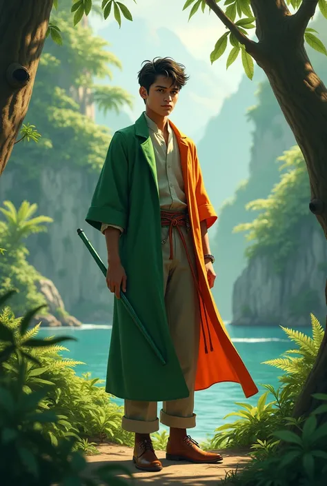 Handsome NEPALI STUDENTTEEN YOUNG MAN. FULL BODY. GREEN AND ORANGE COLORED long coat with a front-opening that is tied with a cord or buttoned at the side. It has a straight cut and usually features a closed-neck design.. GREEN STAFF. OCEAN FOREST BACKGROU...