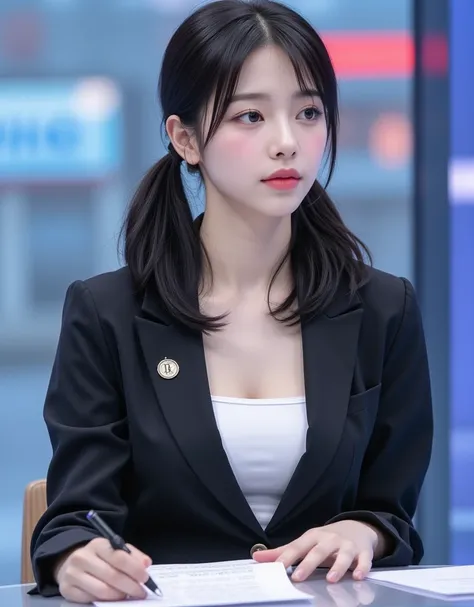 (Profile of a super cute busty Korean female announcer sharing the news with a manuscript on a news program:1.2)(Grinning,smile:1.1)(Beautiful Sweat:1.1)(16k,  RAW photos ,  top quality, masterpiece: 1.2),(Glossy black hair with cute twin tails)  Super Det...