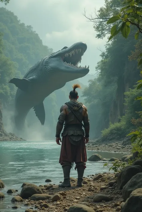 A brave ancient warrior standing at the riverbank, witnessing the legendary battle between the shark and crocodile. The warrior wears traditional armor, and his posture reflects a deep respect for the myth unfolding before him