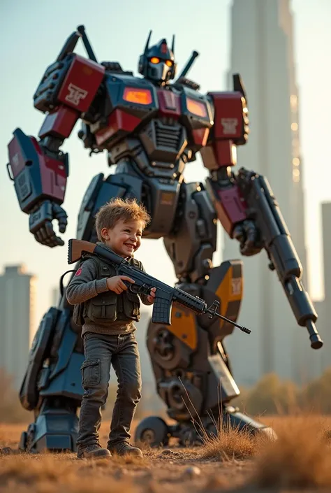 A small  is carrying a rifle while smiling cheerfully during the day, next to a large robot transformer carrying a large rifle, with a background of high-rise towers in the middle of the city, HD image quality, large pixels