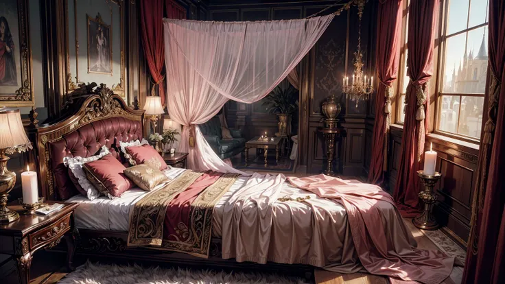 Best quality, masterpiece, ultra high res, raw photo, beautiful and aesthetic,deep shadow, fantasy theme,(ultra detailed:1.3), divine, royal bedroom, indoors, luxurious palace, luxury bedroom, canopy bed, full of curtains, pillows, jewelry, candlelight, qu...