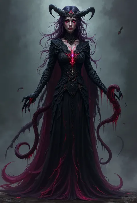 Zyra’s appearance underwent a dramatic transformation, reflecting her fall from serenity into a state of malevolent darkness. Her once-elegant robe became a tattered shroud of deep, impenetrable black, interspersed with erratic streaks of crimson and viole...