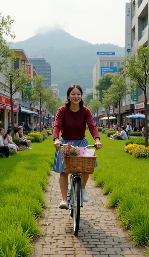 A beautiful Korean girl, around 20 years old, is riding a bicycle with a woven basket attached to the front, gracefully navigating through the vibrant streets of a modern Korean city. Her silky black hair is tied back into a loose ponytail, and she wears a...