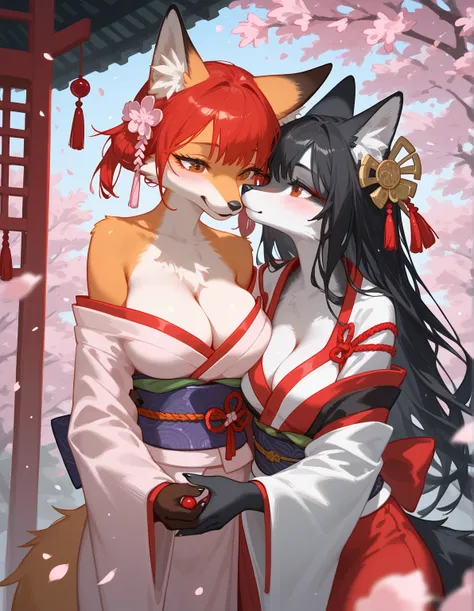 Two Furry female , Sexy, japan, cherry blossom, blushing, putting on make up, make up everywhere, medium breast, flowy hair, black hair, red brown eyes. Holding make up, glitter, shine, asian clothes, hanfu, kimono, cleavage, two girl furry, long snout, Fo...