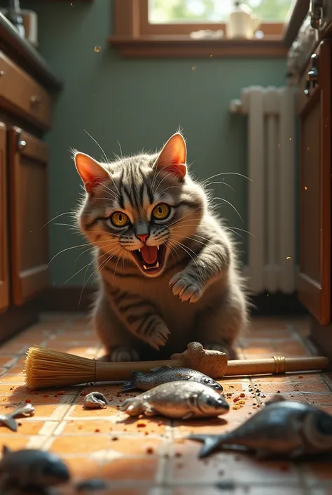  A cat stole a fish from the kitchen ,  and the owner of the house broke a broom handle on it. The cat fell to the floor , writhing,  trying to catch his breath .