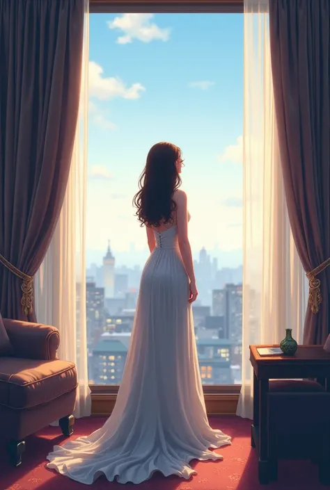 Give me a picture of anime, where a woman wearing a gown looking outside the window of a hotel