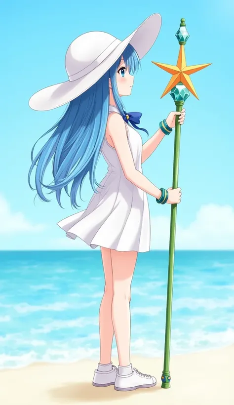 anime girl with big white sun hat long sky blue waterfall hair blue eyes in dress white collar with blue bow tied ribbon green bracelet with aquamarine stone on left wrist back view beach socks and shoes holding green staff with starfish on top and sapphir...