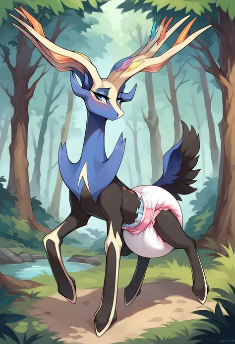 score_9, score_8_up, score_7_up, solo, Xerneas, (close-up), forest, nature, deer, stunning scenery, full body, thick diaper, looking at the viewer