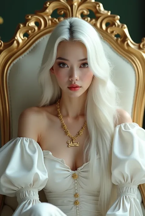 Beautiful Malaysia lady with different eyes colors sitting at big fancy chair wearing white big puffy dress with white hair. Wearing gold necklace name " YUMI " hd