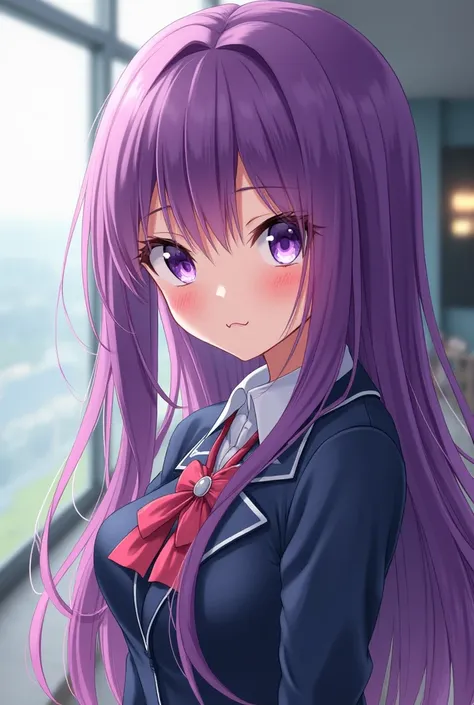 Anime girl big boobs uniform, short purple hair
