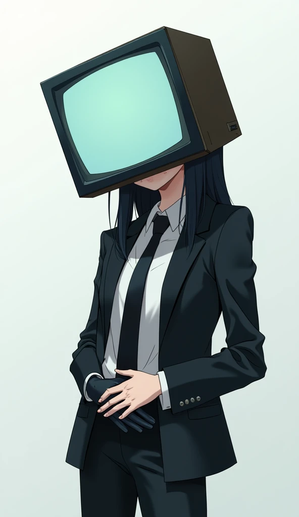 Anime girl tv head white sweat black tie black suit black glove stomach pain at one hands