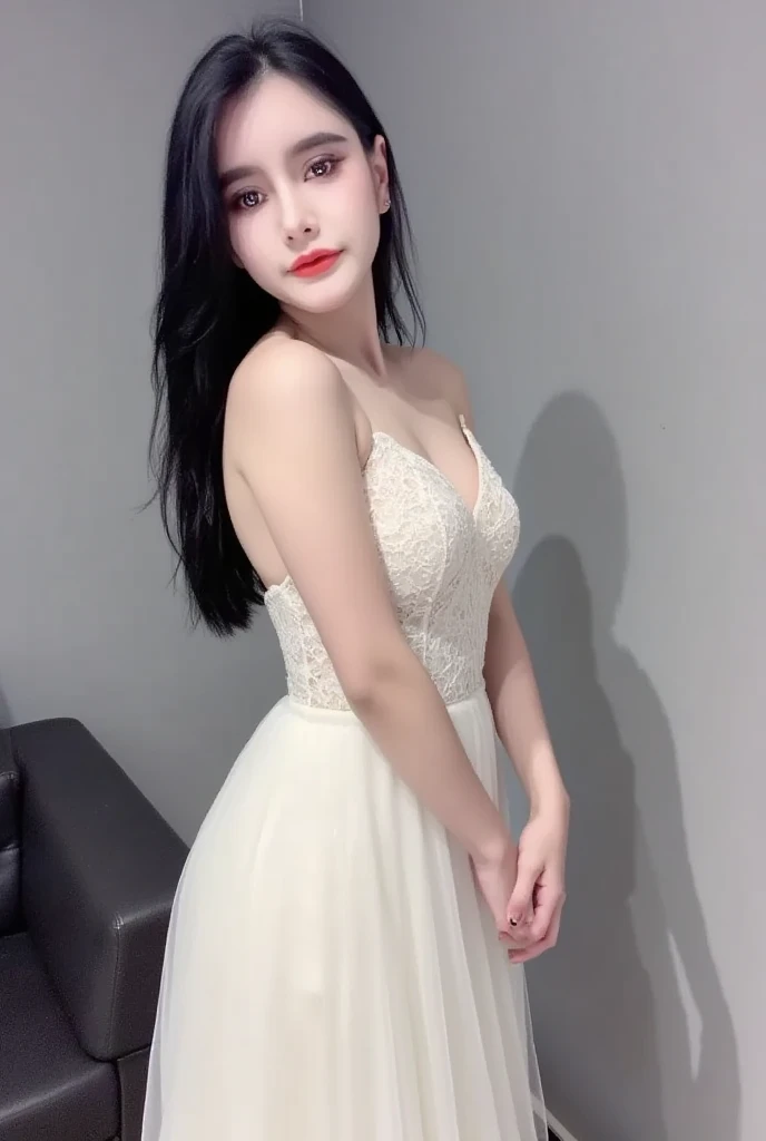 25 years old Korean girl, Facial details, Deep focus, 4K masterpiece details, Clear focus, Light hits her skin, makes her stand out (Natural light, Afternoon light), Natural breasts, Wearing a sexy and elegant white lace long wedding dress, White transluce...