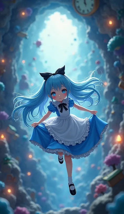 anime girl with black bow on head long sky blue waterfall hair blue eyes dressed as Alice in wonderland falling down rabbit hole