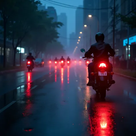 "A moody, atmospheric nightscape capturing a wet urban road glistening after rainfall. The focal point is a lone motorcycle seen from the back, its red taillight glowing intensely, reflecting vividly on the wet asphalt. The reflections stretch across the r...