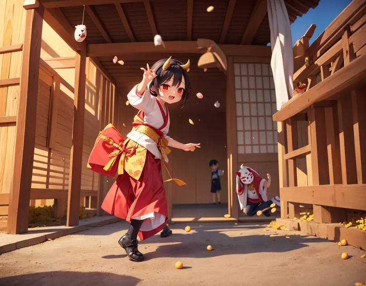 A little character girl is playing by throwing small beans at a boy wearing a demon mask、The boy was hit by a bean and it hurts, so he runs away holding his head、Setsubun is a Japanese event