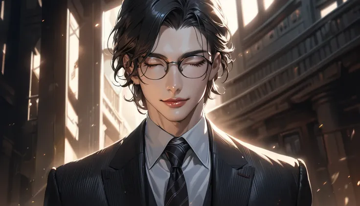 a man with his eyes closed, smiling, wearing glasses, wearing a suit, parting his black hair, alone, detailed portrait, photorealistic, cinematic lighting, beautiful detailed eyes, beautiful detailed lips, extremely detailed face, long eyelashes, professio...