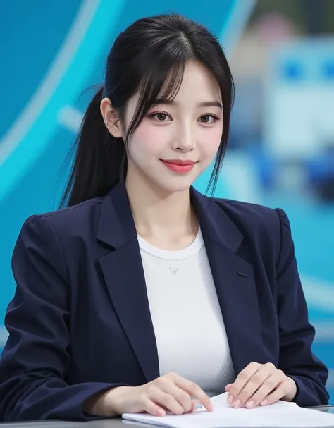 (Profile of a super cute busty Korean female announcer sharing the news with a manuscript on a news program:1.2)(Grinning,smile:1.1)(Beautiful Sweat:1.1)(16k,  RAW photos ,  top quality, masterpiece: 1.2),( cute ponytail with glossy black hair )  Super Det...