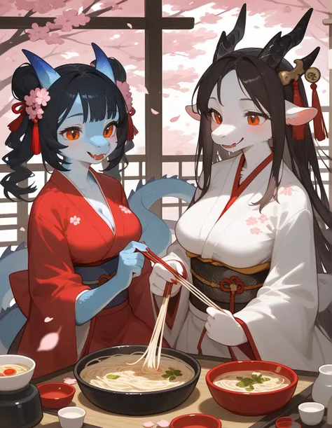 Two Furry female , Sexy, japan, cherry blossom, blushing, sitting on steambuns, sitting in giant bowl of noodles, medium breast, flowy hair, black hair, red brown eyes. Cooking,  asian clothes, hanfu, kimono, cleavage, two girl furry, long snout, dragon, f...