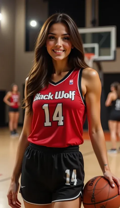 ( masterpiece,  photorealistic ,  full body shot )  Beautiful 20-year-old SofiLobos,  dressed in a long and wide sleeveless t-shirt , red basketball t-shirt with the text  "Black Wolf"  and the number  "14" in white,  black sports shorts with the number  "...