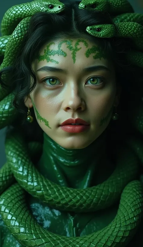  ultra-realistic depiction of Medusa , ひびの入った石の柱とかすかに光る彫刻in飾られた恐ろしい力 .  her gaze is sharp and enchanting ,   Charm and sense of danger clinging to her  .   Her striking features 、High cheekbones , Shining emerald eyes,   and her lips are faintly curled  , ...