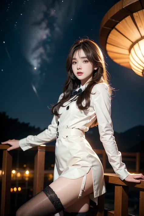  ulzzang-6500-v1 .1, ( RAW Photo: 1.2), (real photo), (real photo: 1.4),  a girl、 perfect anatomy、20 years、  looking at the camera  、((Desde atrás)),  medium length hair 、Vestido de uniforme, skirt,  In a surreal royal garden, under the  Starry Night , (( ...