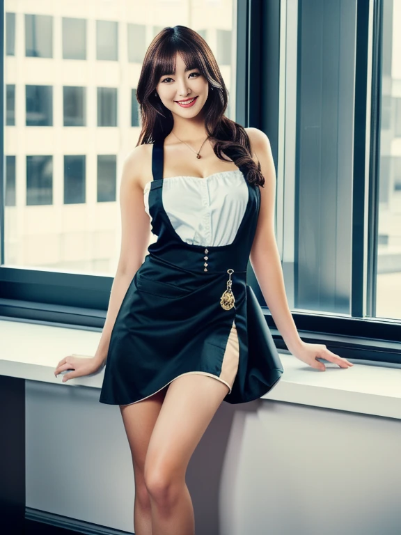  hyperrealistic 8K,  ultra-high definition and realistic depiction , Taken inside an office building, The office has a desk , fashion photography, (Full body leg shot ),  A Japanese woman is standing by a bright office window , Vintage and beautiful female...