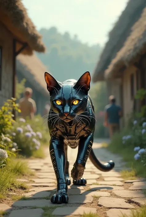 Ai walking cat in village 