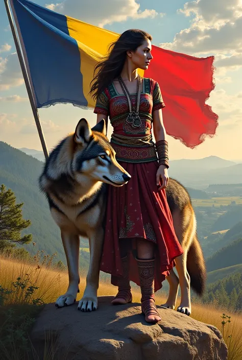 Dacian woman and wolf with romania flag together 