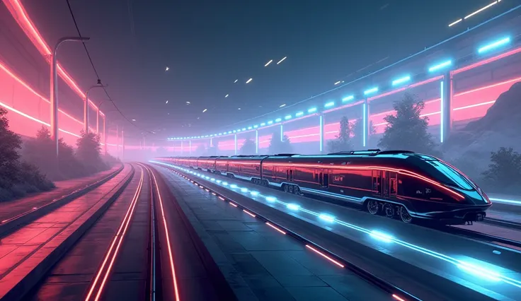 A futuristic timeline animation showcasing the evolution of transportation, from horse-drawn carts to modern high-speed trains, glowing with vibrant lights.