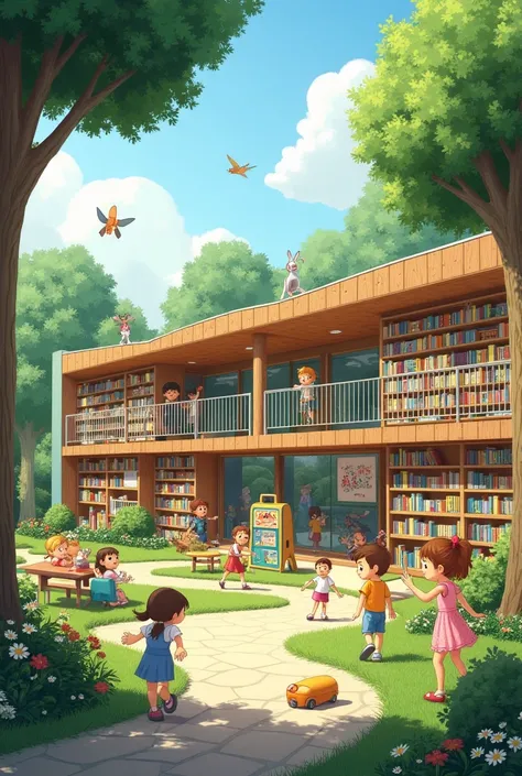 The concept of a 500 square meter building that was used as a book garden and kindergarten for ren aged 3 to 8, in a way that the outdoor and indoor space encourages ren to read.