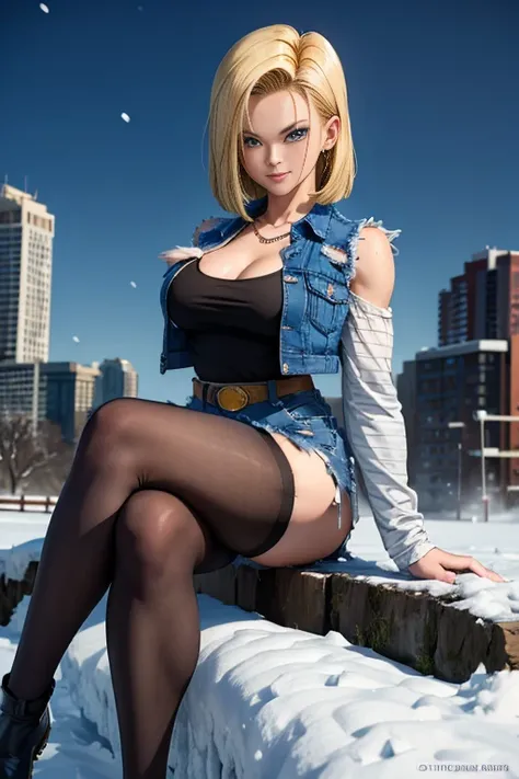 android 18, athletic body, muscle girl, {{{visible big tits}}} {{{breasts big}}}, shorth hair loiro, blue eyes, smiling, waist belt, booties, tight blue denim mini skirt, golden necklace, black leotard, shorth blonde hair, striped long sleeves, earrings, o...