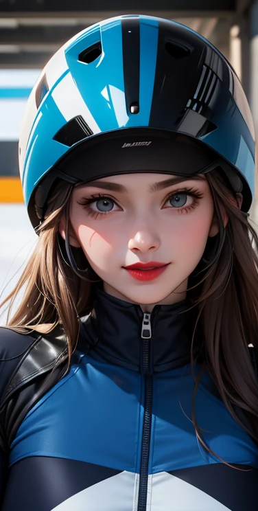 woman is smile, helmet, long hair brown, normal, she is solo, from alternative world ,best quality, realistic, cycling blue and black color suit and cycling sports shorts, she is stand, makeup face, red lipstick 