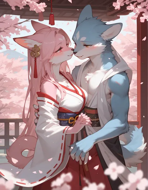 Two Furry , Sexy, japan, cherry blossom, blushing, couples, holding hand, male furry, female furry.