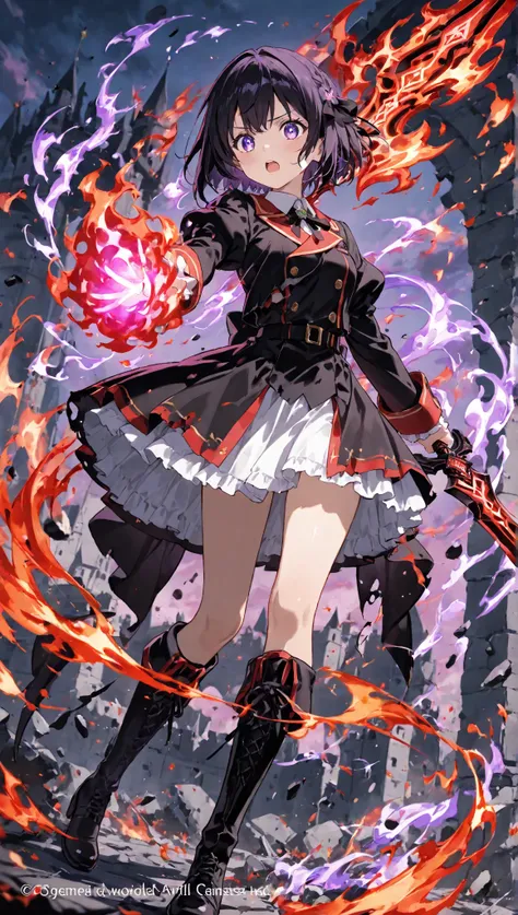  Beautiful girl,anime,short hair in black tips, Violet eyes,expression would be,elegant uniform with semi-armoured skirt,red and black color, boots, holding a demonic sword, With violet fire effect,In a setting of destroyed castles,