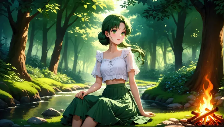(masterpiece, best quality, very aesthetic , ultra detailed), intriguing details, A serene woman sitting beside a small campfire in a quiet forest glade, wearing a soft skirt and a neutral-tone crop top. Her ombre green hair glows faintly under the gentle ...