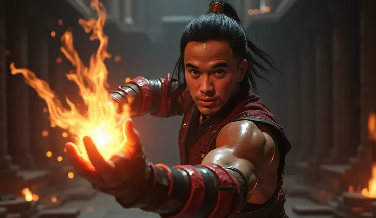 Realistic, detail, cinematic,8K. Liu Kang Mortal Kombat costume, fight, light Super Power in hand.