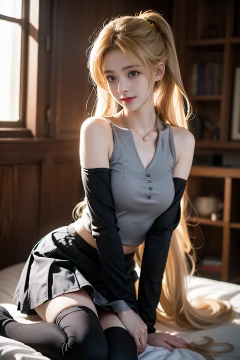 Sleeveless shirt with Miku suit , gray shirt,   separated sleeves , tie,  arm tattoo, skirt,  high stockings,  thigh boots, ((Knee shot)), ((Shoot from random angles)), (( visible neckline)), ((E-cup)), ((Valley type I)), (( warm colors)), Long distance sh...