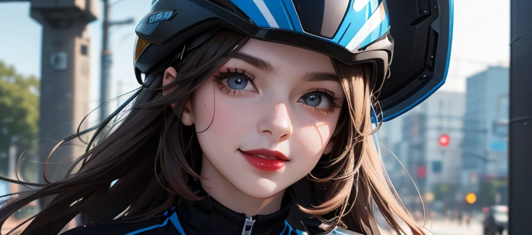 woman is smile, helmet, long hair brown, normal, she is solo, from alternative world ,best quality, realistic, cycling blue and black color suit and cycling sports shorts, she is stand, makeup face, red lipstick 