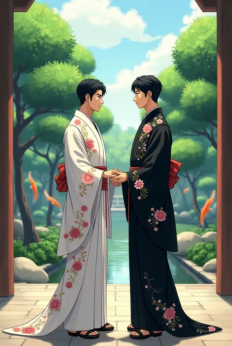 A gay couple getting married in a Japanese-style wedding, one with a white kimono and the other with a black kimono, perspective from afar , in the drawing style of Bungou Stray Dogs 