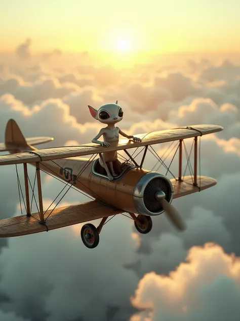 a masterpiece photo of a small extraterrestrial creature piloting a 1920s era biplane high up in the air. 