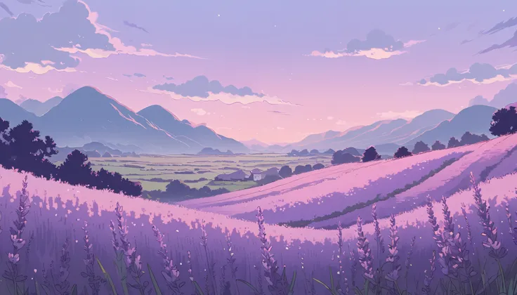 LAVENDER landscape , Pastel Purple Colors ,,Ghibli style ,Lofi ,cute ,Cozy , Landscape Wide Field