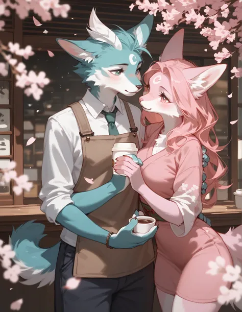 Two Furry , Sexy, blushing, couples, holding hand, male furry, female furry, cherry blossom. Coffee cafe